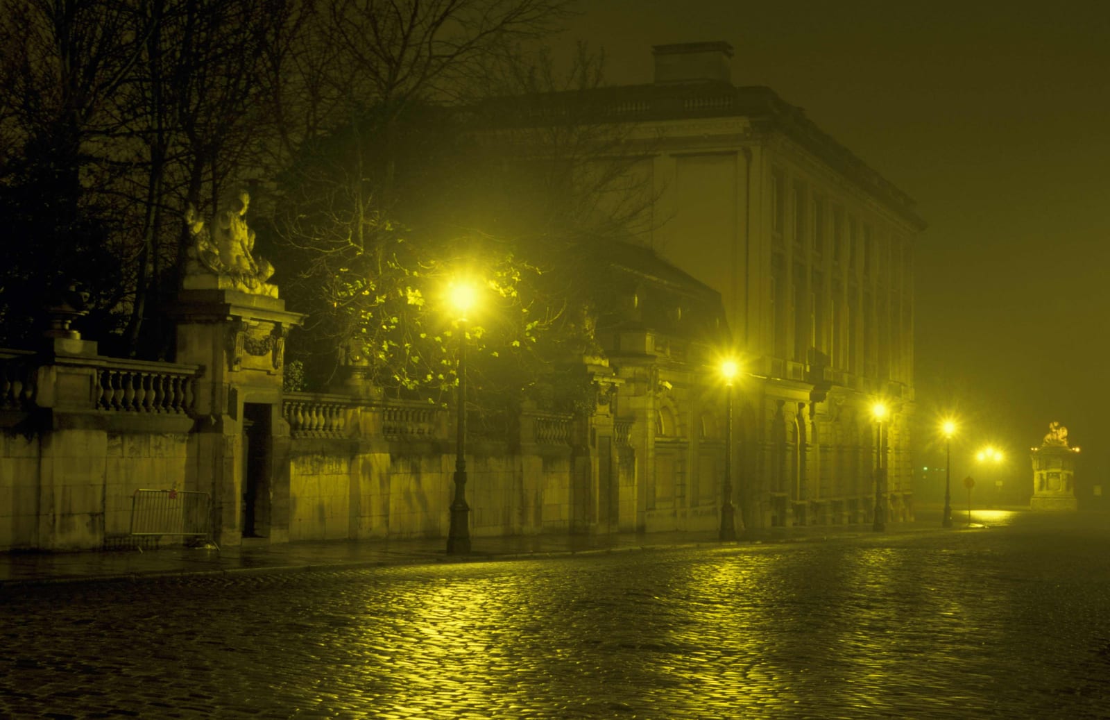 Une rue bordée d’une balustrade et de réverbères, la chaussée pavée luisante de pluie