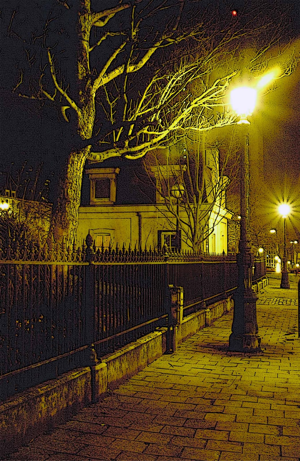 Un arbre nu se découpant sur un réverbère éclatant, au-dessus d’un trottoir pavé