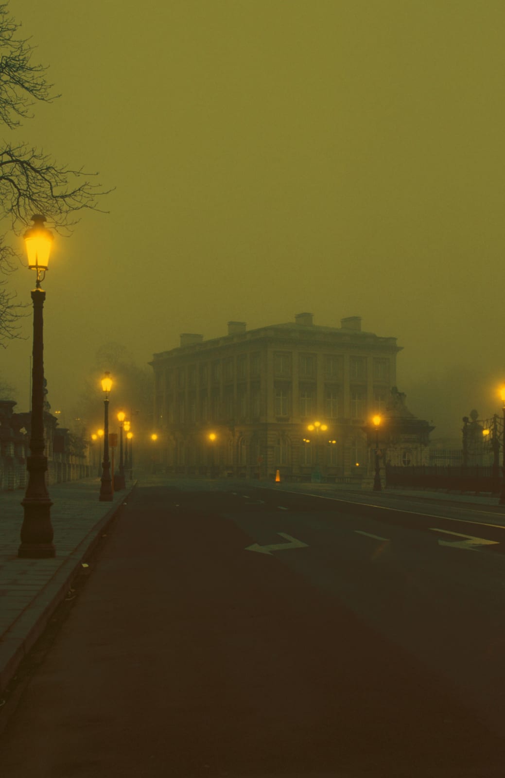 Une avenue déserte dans une brume matinale dorée, les réverbères encore allumés