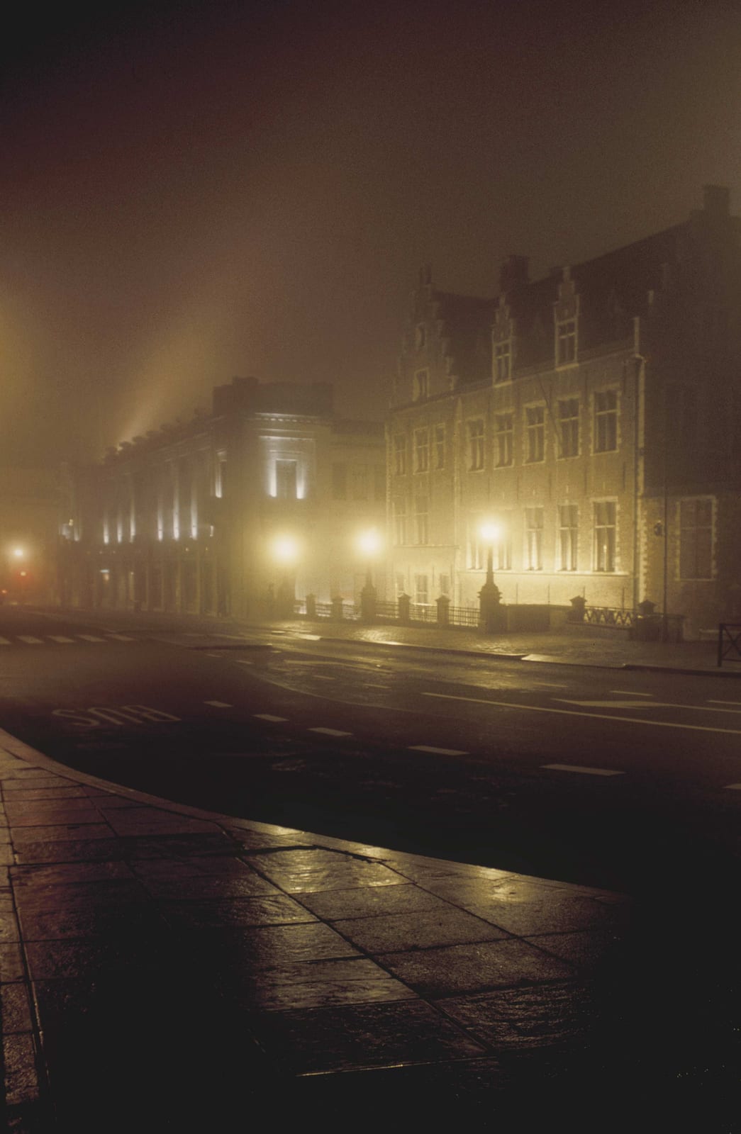 Une rue en pente et sa chaussée luisante, des façades éclairées se perdant dans la brume